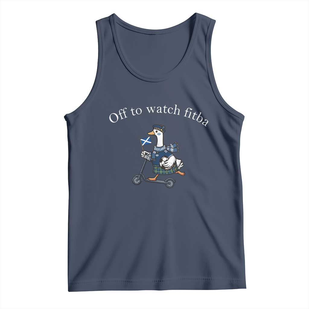 Off To Watch Fitba Tank Top Funny Scottish Goose Riding Scooter Football Fan