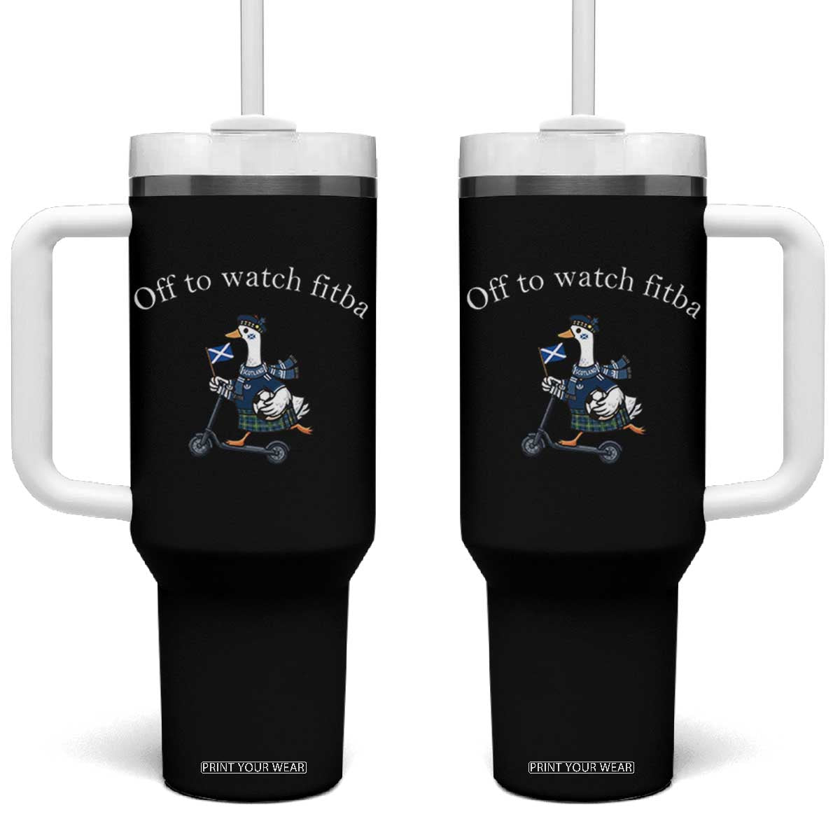 Off To Watch Fitba Tumbler With Handle Funny Scottish Goose Riding Scooter Football Fan