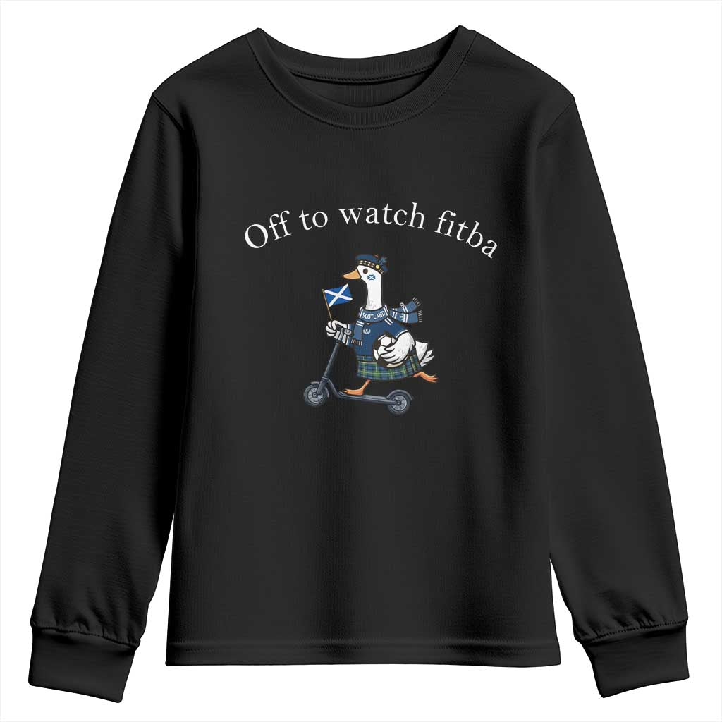 Off To Watch Fitba Youth Sweatshirt Funny Scottish Goose Riding Scooter Football Fan TS14 Black Print Your Wear