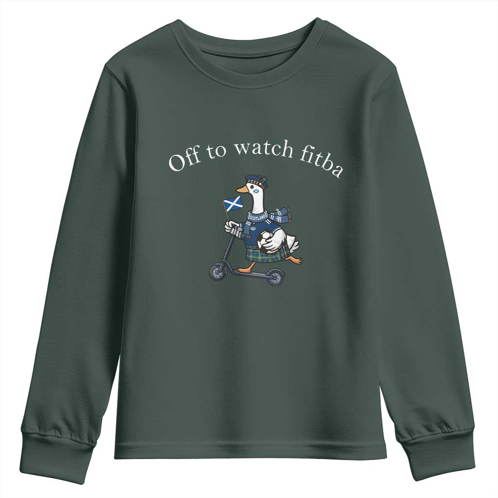 Off To Watch Fitba Youth Sweatshirt Funny Scottish Goose Riding Scooter Football Fan