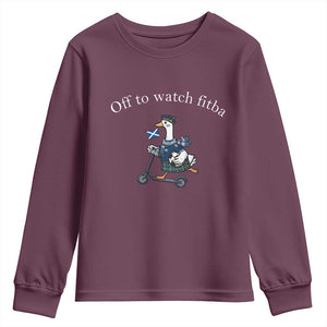 Off To Watch Fitba Youth Sweatshirt Funny Scottish Goose Riding Scooter Football Fan