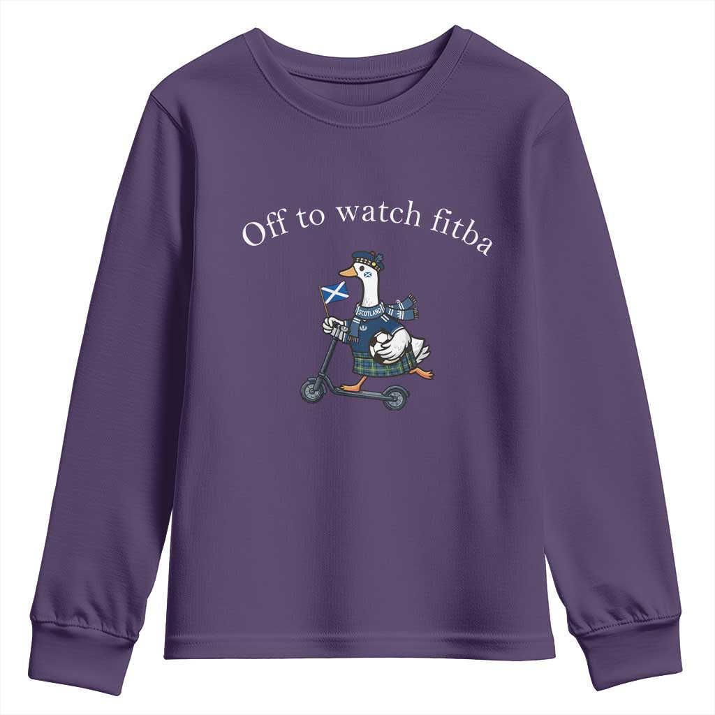 Off To Watch Fitba Youth Sweatshirt Funny Scottish Goose Riding Scooter Football Fan