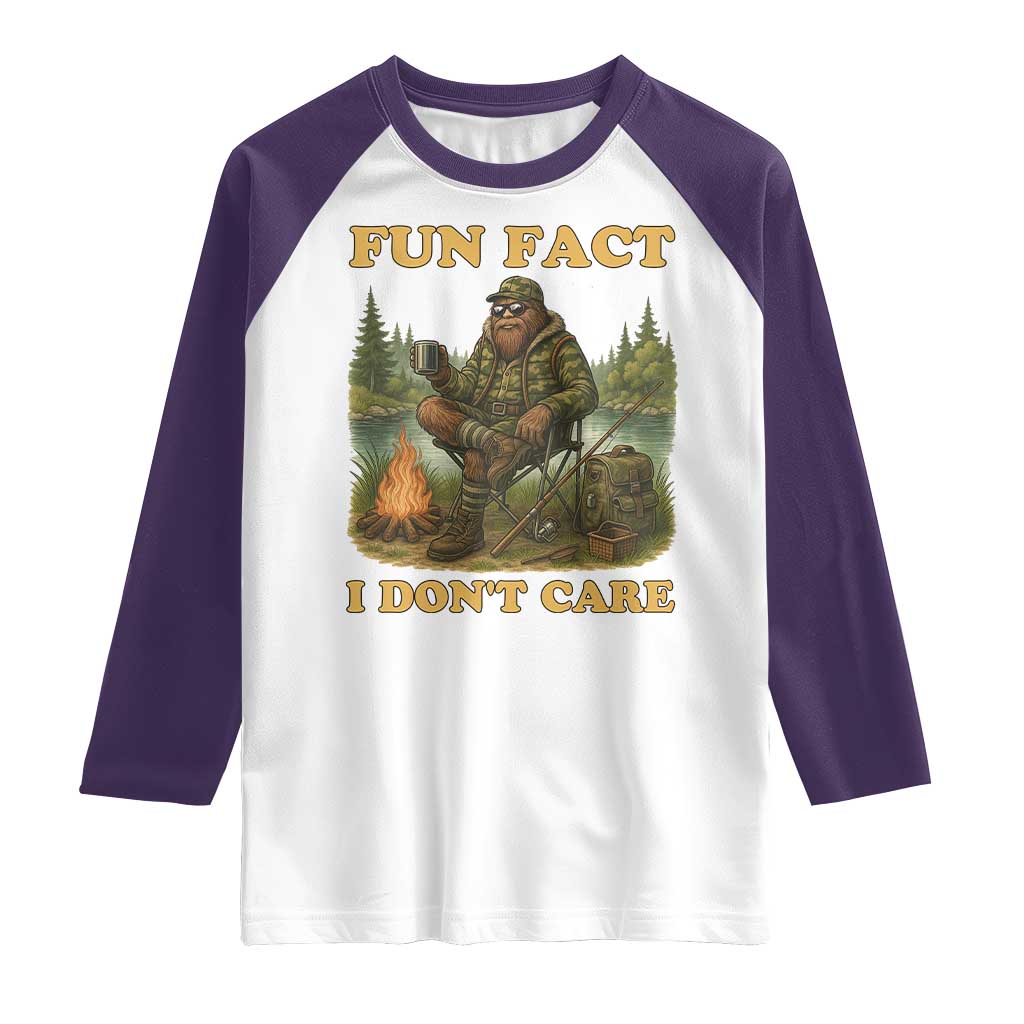Funny Bigfoot Sarcastic Raglan Shirt Fun Fact I Don Not Care Sasquatch Camping TS14 White Purple Print Your Wear