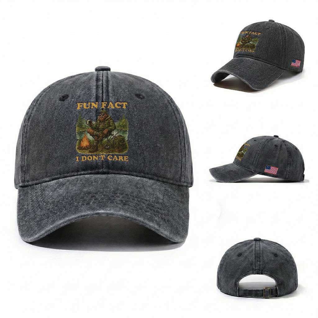 Funny Bigfoot Sarcastic Washed Cotton Baseball Cap Fun Fact I Don Not Care Sasquatch Camping TS14 Washed Cap Universal Fit Dark Gray Print Your Wear