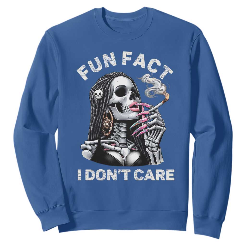 Funny Skeleton Smoking Sweatshirt Fun Fact I Don Not Care Sarcastic Women Skull TS14 Royal Blue Print Your Wear