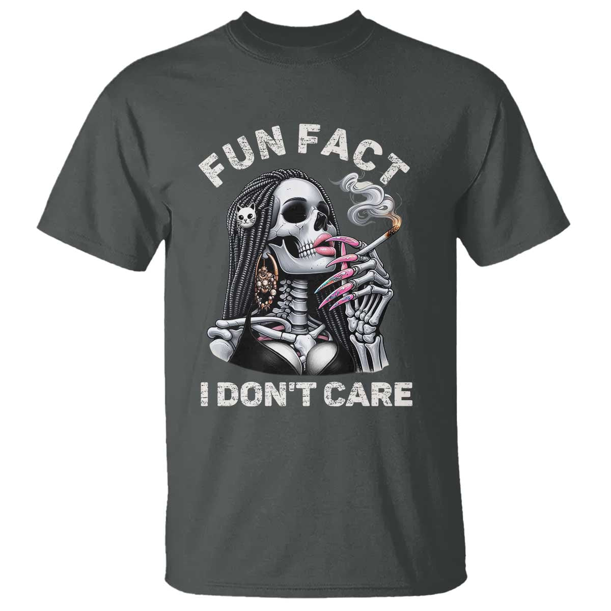 Funny Skeleton Smoking T Shirt Fun Fact I Don Not Care Sarcastic Women Skull TS14 Dark Heather Print Your Wear