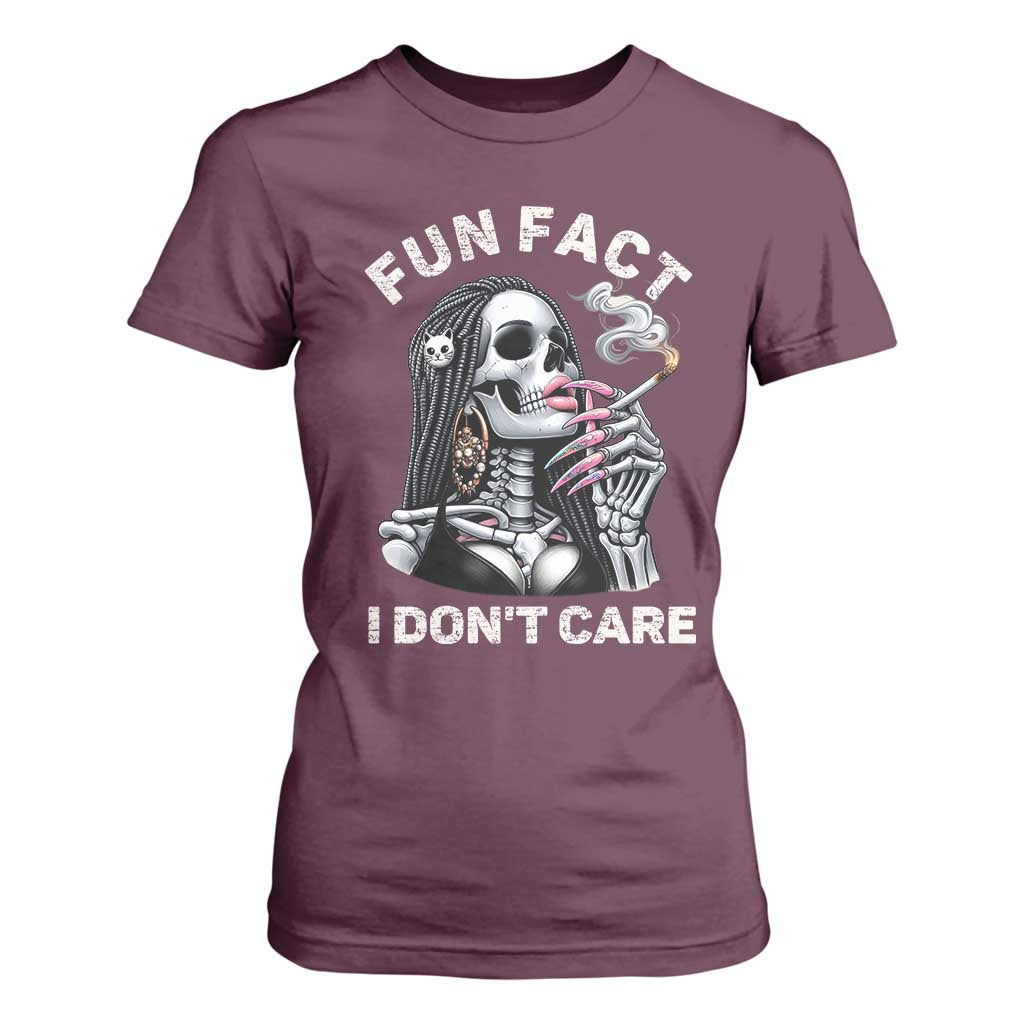 Funny Skeleton Smoking T Shirt For Women Fun Fact I Don Not Care Sarcastic Women Skull TS14 Maroon Print Your Wear