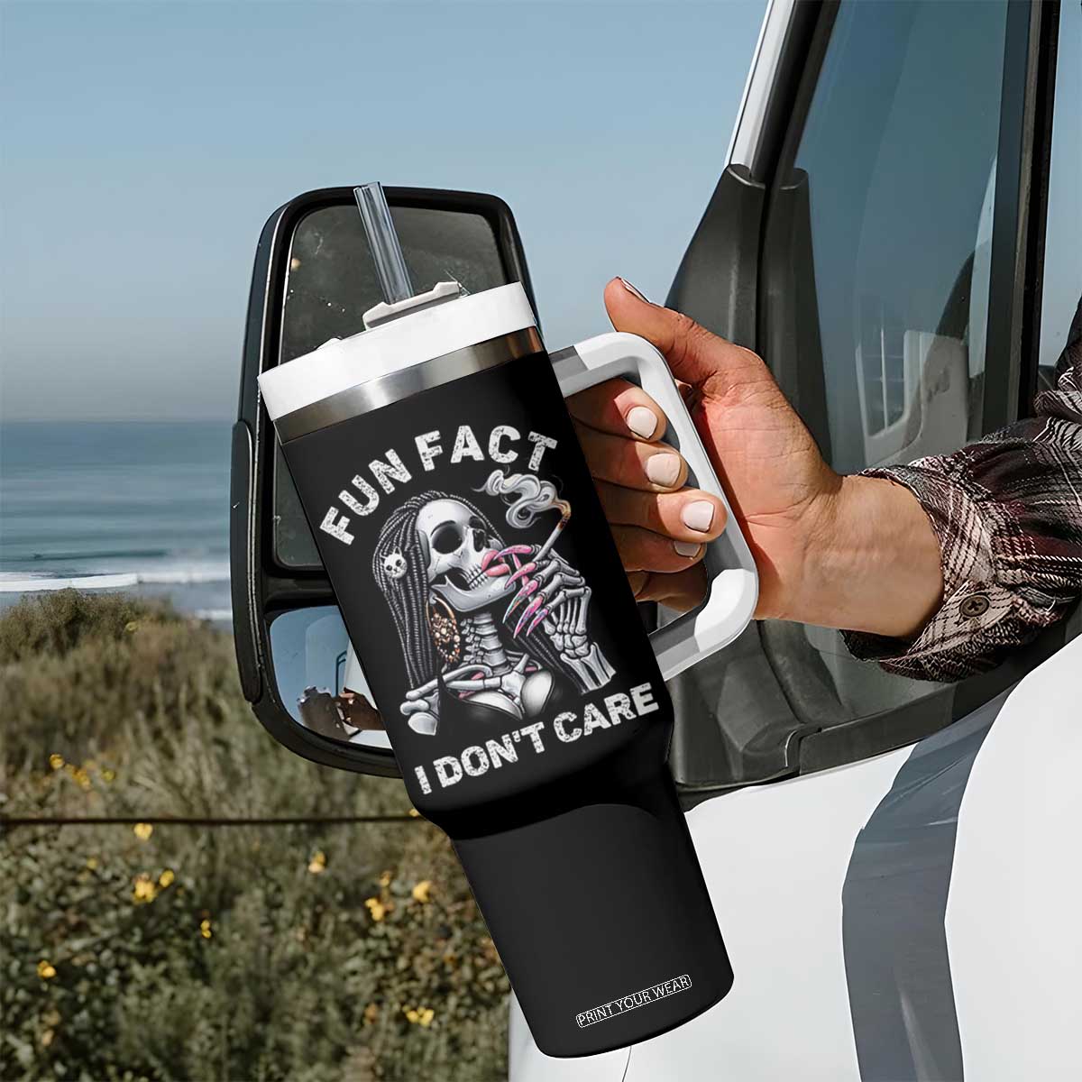 Funny Skeleton Smoking Tumbler With Handle Fun Fact I Don Not Care Sarcastic Women Skull TS14 Print Your Wear