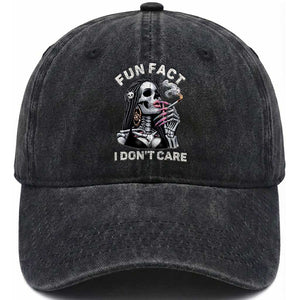 Funny Skeleton Smoking Washed Cotton Baseball Cap Fun Fact I Don Not Care Sarcastic Women Skull TS14 Washed Cap Universal Fit Black Print Your Wear