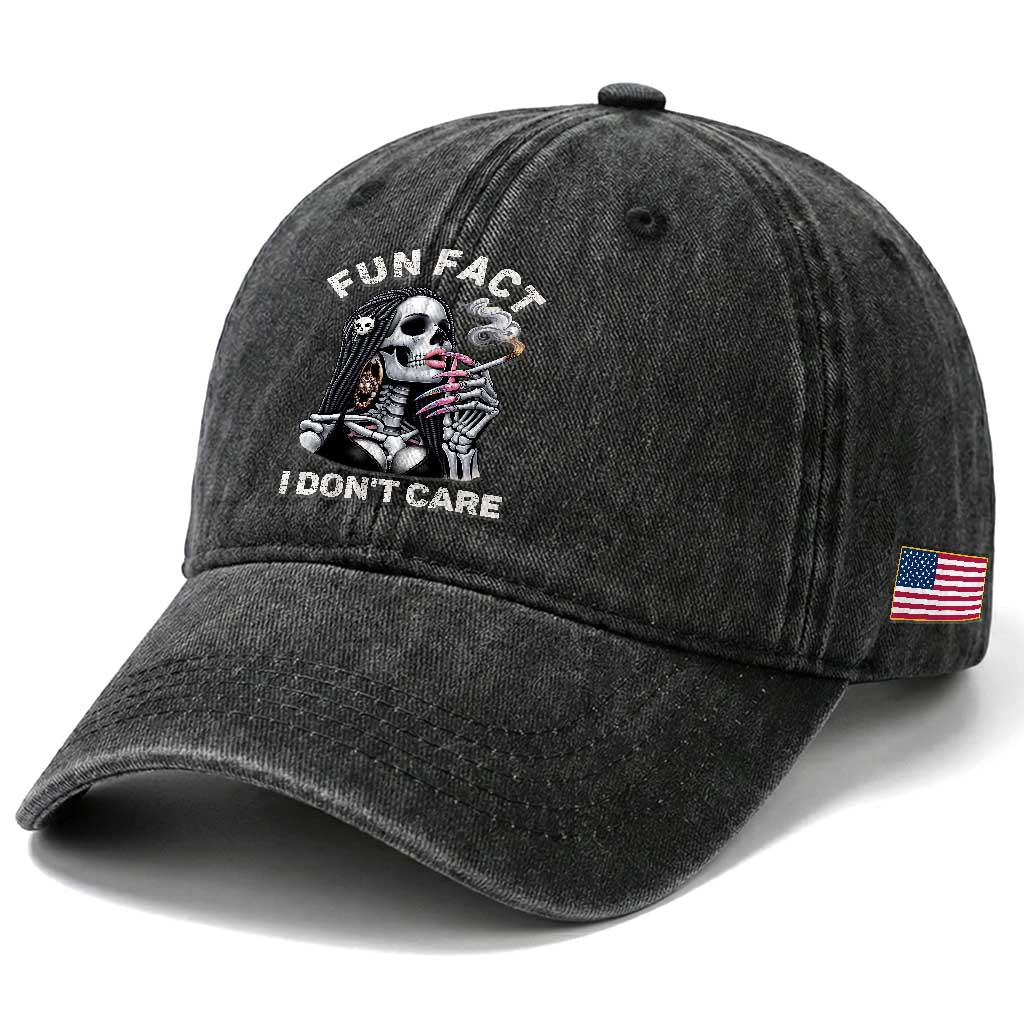 Funny Skeleton Smoking Washed Cotton Baseball Cap Fun Fact I Don Not Care Sarcastic Women Skull TS14 Print Your Wear