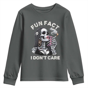 Funny Skeleton Smoking Youth Sweatshirt Fun Fact I Don Not Care Sarcastic Women Skull TS14 Dark Heather Print Your Wear