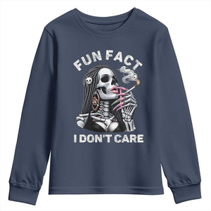 Funny Skeleton Smoking Youth Sweatshirt Fun Fact I Don Not Care Sarcastic Women Skull TS14 Navy Print Your Wear