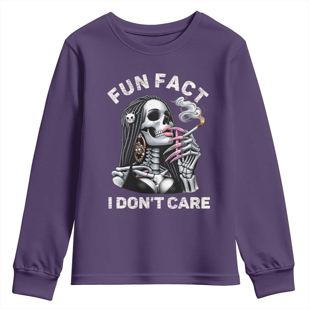 Funny Skeleton Smoking Youth Sweatshirt Fun Fact I Don Not Care Sarcastic Women Skull TS14 Purple Print Your Wear
