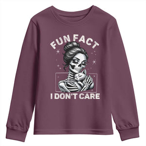 Funny Skeleton Sarcastic Youth Sweatshirt Fun Fact I Don Not Care Cat Lover TS14 Maroon Print Your Wear