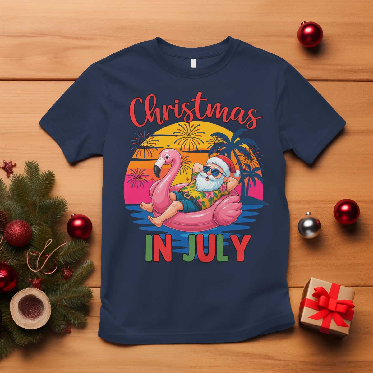 Funny Hawaiian Christmas T Shirt Santa Beach Tropical Xmas TS14 Navy Print Your Wear