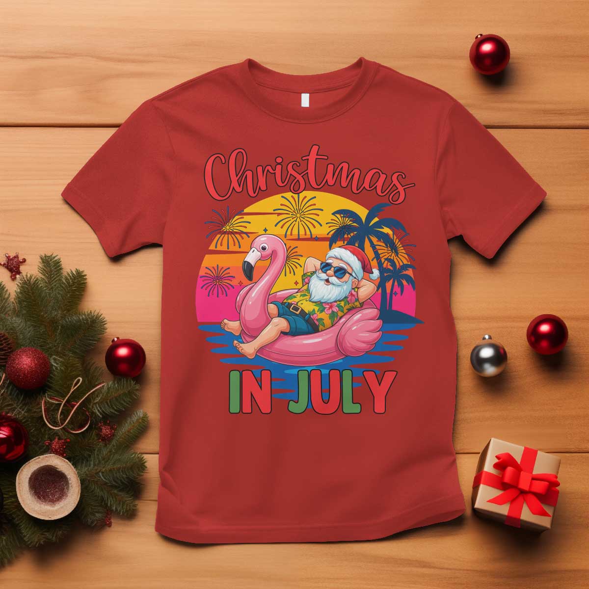 Funny Hawaiian Christmas T Shirt Santa Beach Tropical Xmas TS14 Red Print Your Wear