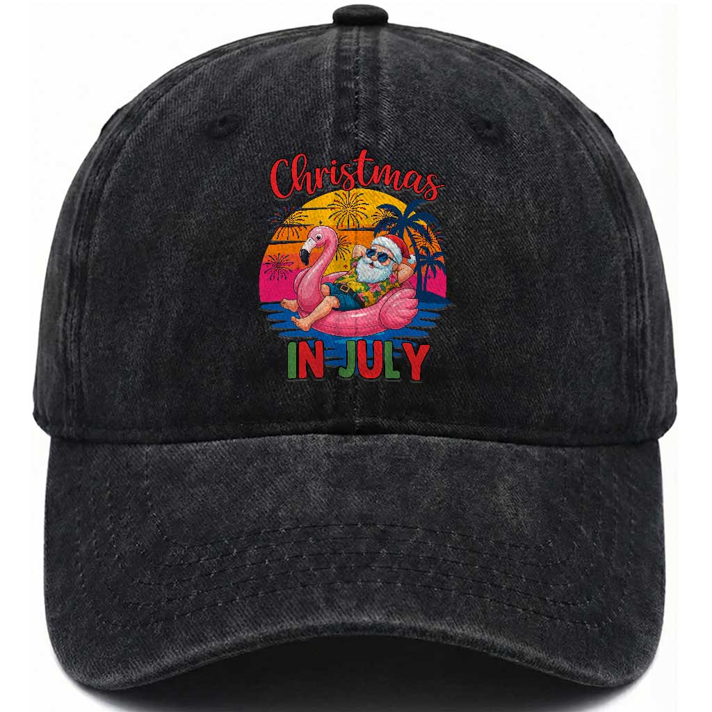 Funny Hawaiian Christmas Washed Cotton Baseball Cap Santa Beach Tropical Xmas TS14 Washed Cap Universal Fit Black Print Your Wear