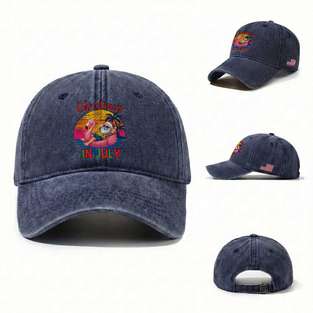 Funny Hawaiian Christmas Washed Cotton Baseball Cap Santa Beach Tropical Xmas TS14 Washed Cap Universal Fit Navy Print Your Wear