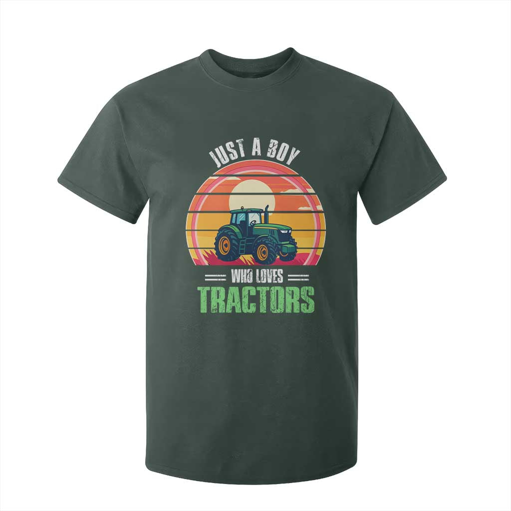 Funny Farmer T Shirt For Kid Just A Boy Who Loves Tractors TS14 Dark Forest Green Print Your Wear
