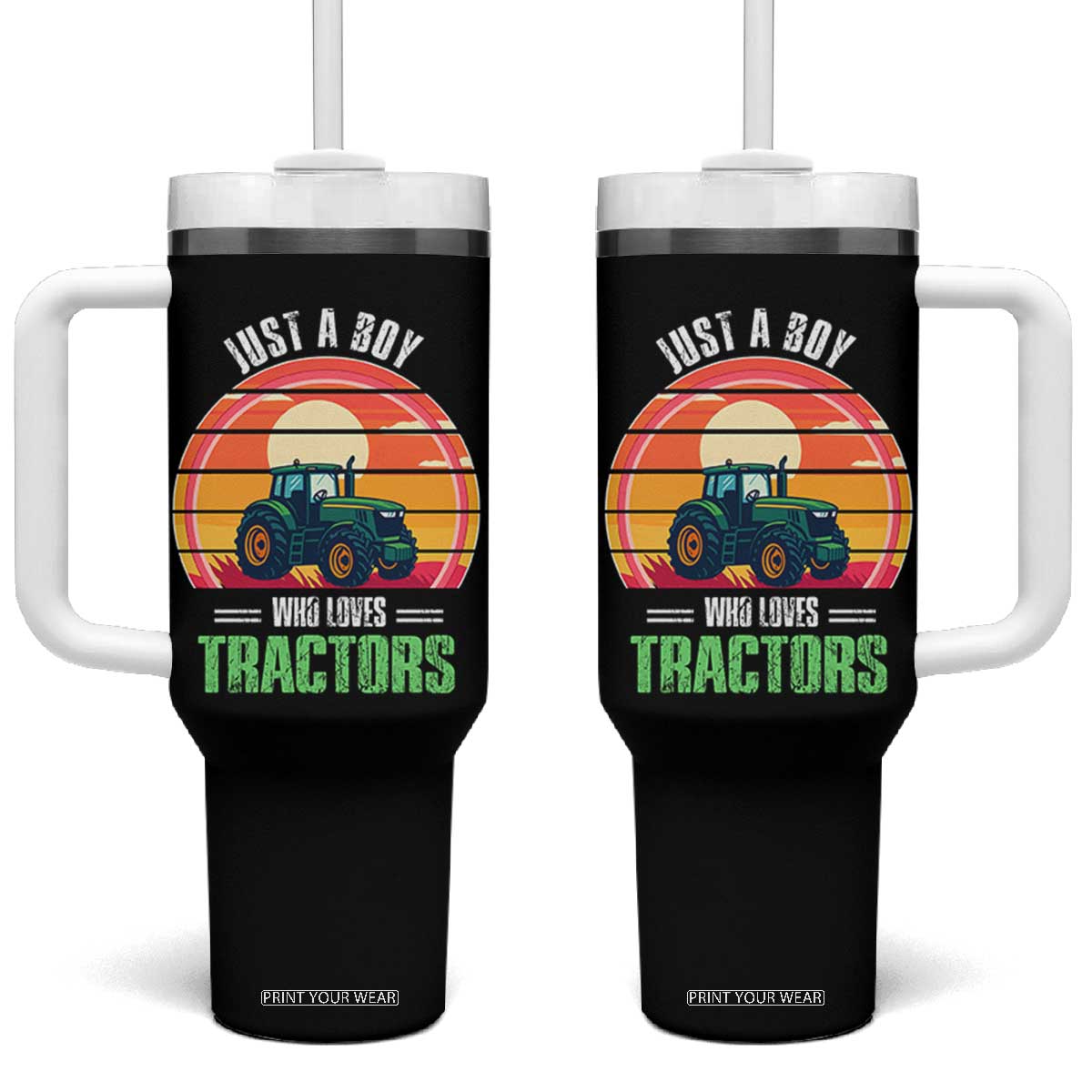 Funny Farmer Tumbler With Handle Just A Boy Who Loves Tractors TS14 One Size: 40 oz Black Print Your Wear