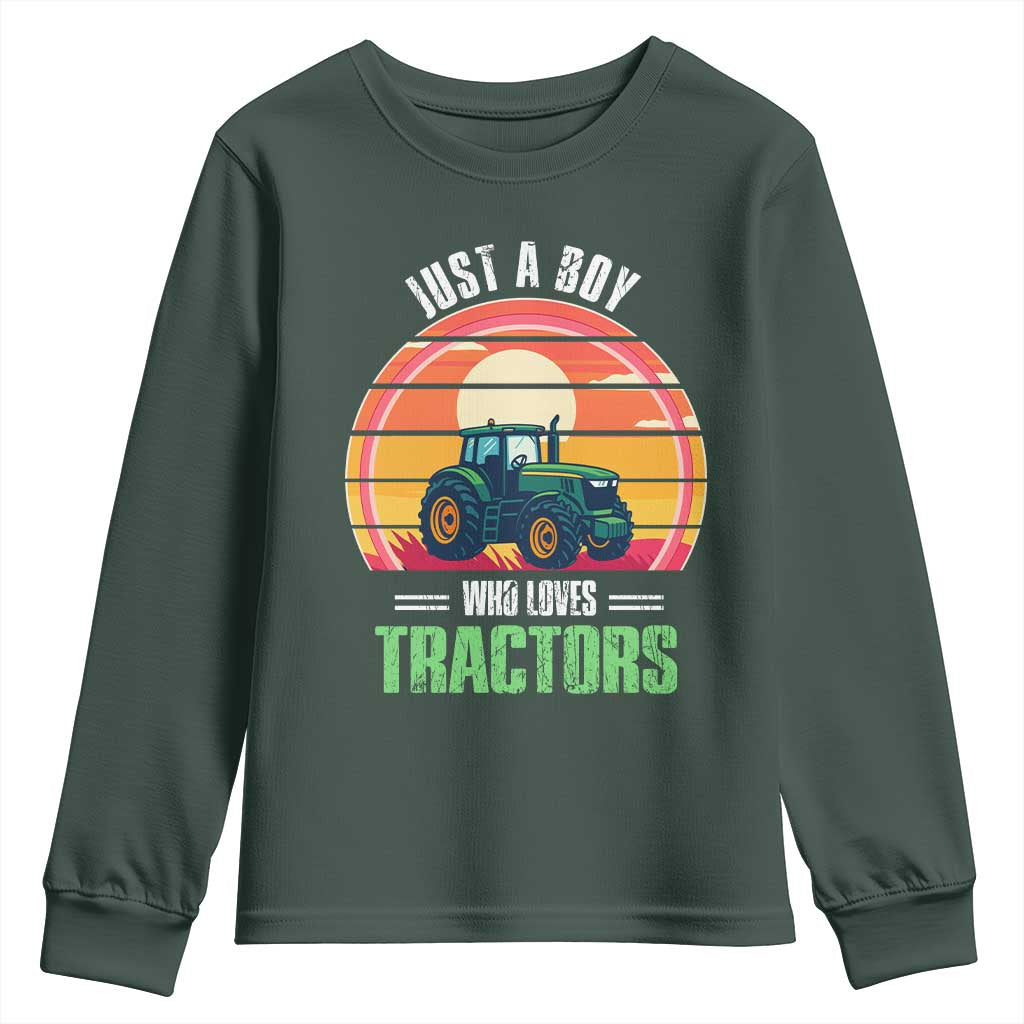 Funny Farmer Youth Sweatshirt Just A Boy Who Loves Tractors TS14 Dark Forest Green Print Your Wear