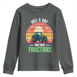 Funny Farmer Youth Sweatshirt Just A Boy Who Loves Tractors TS14 Dark Heather Print Your Wear