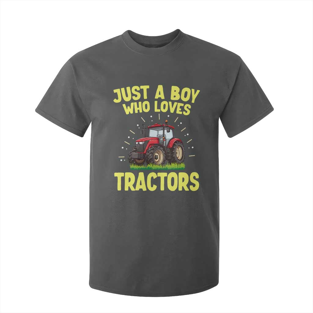 Funny Farming Tractor T Shirt For Kid Just A Boy Who Loves Tractors TS14 Dark Heather Print Your Wear