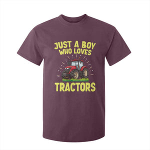 Funny Farming Tractor T Shirt For Kid Just A Boy Who Loves Tractors TS14 Maroon Print Your Wear