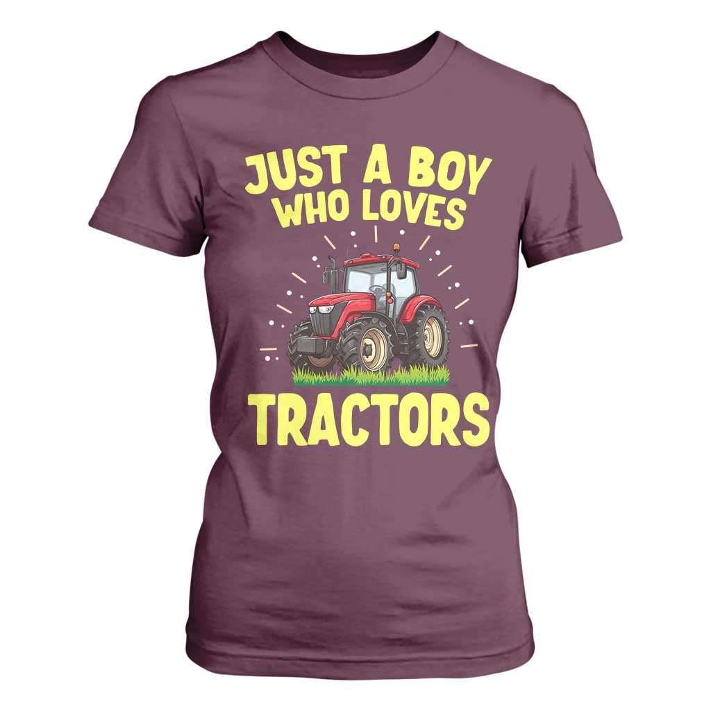 Funny Farming Tractor T Shirt For Women Just A Boy Who Loves Tractors TS14 Maroon Print Your Wear