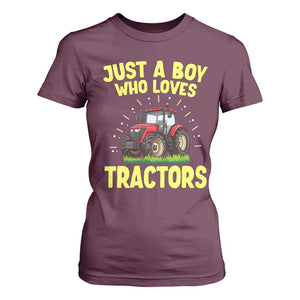 Funny Farming Tractor T Shirt For Women Just A Boy Who Loves Tractors TS14 Maroon Print Your Wear
