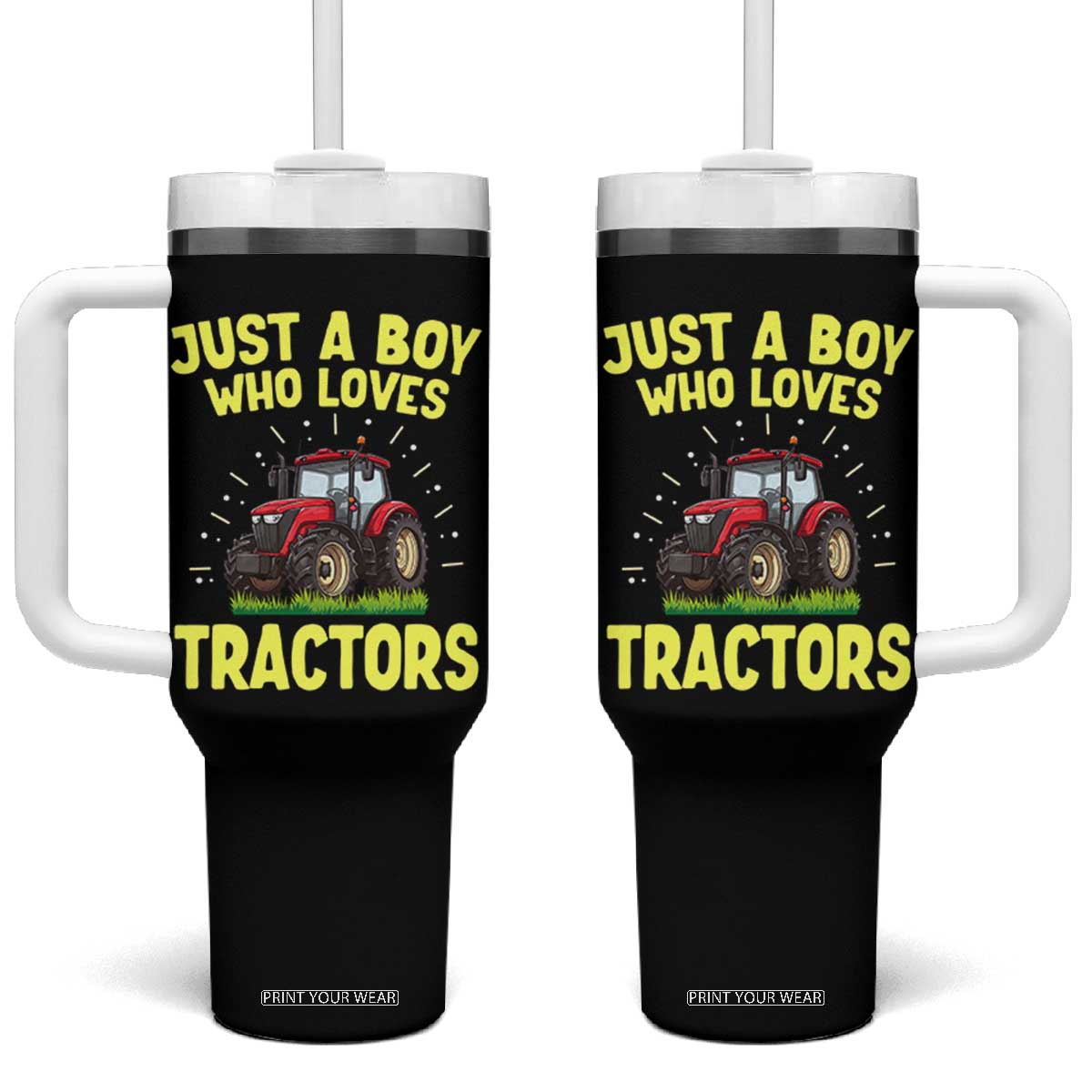 Funny Farming Tractor Tumbler With Handle Just A Boy Who Loves Tractors TS14 One Size: 40 oz Black Print Your Wear