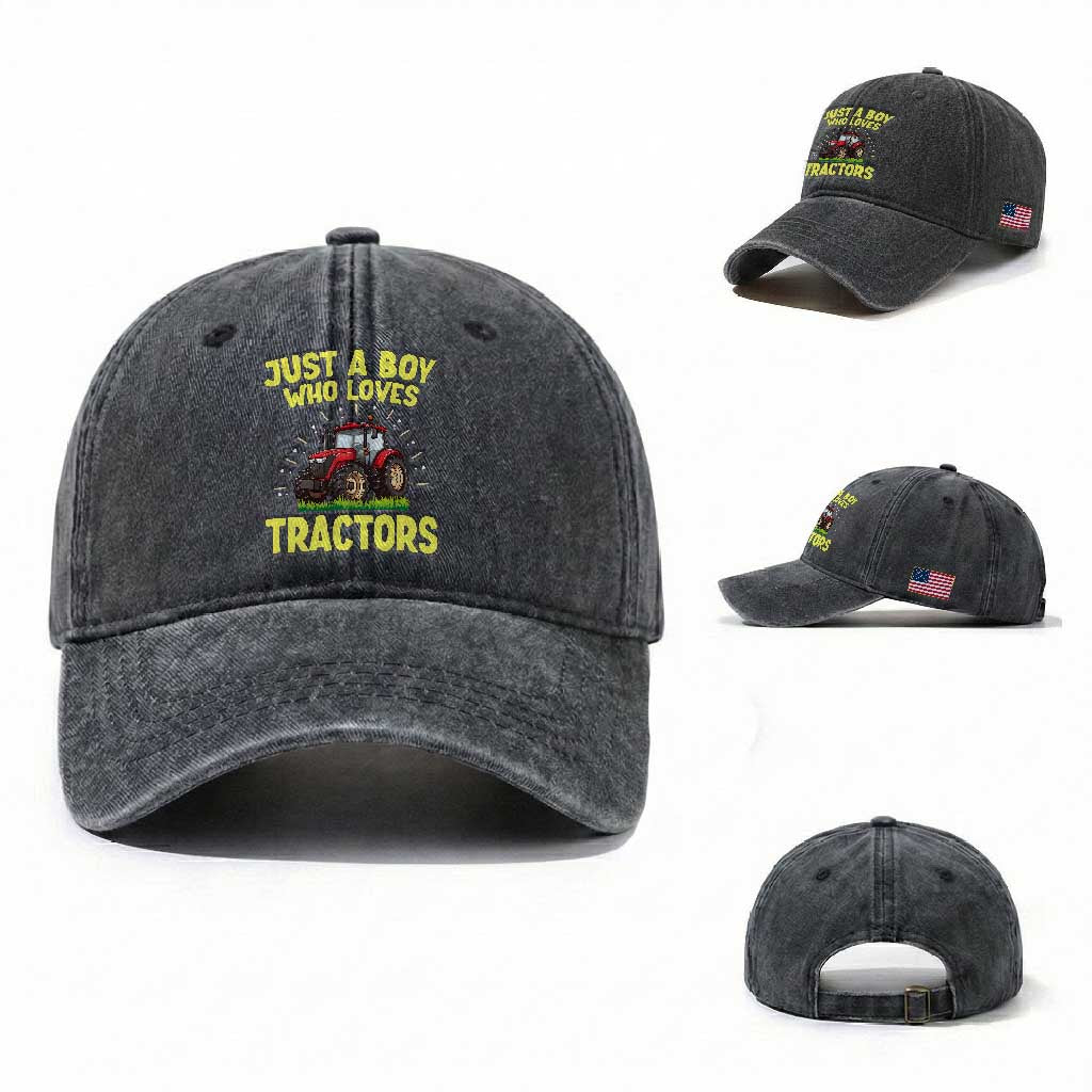Funny Farming Tractor Washed Cotton Baseball Cap Just A Boy Who Loves Tractors TS14 Washed Cap Universal Fit Dark Gray Print Your Wear