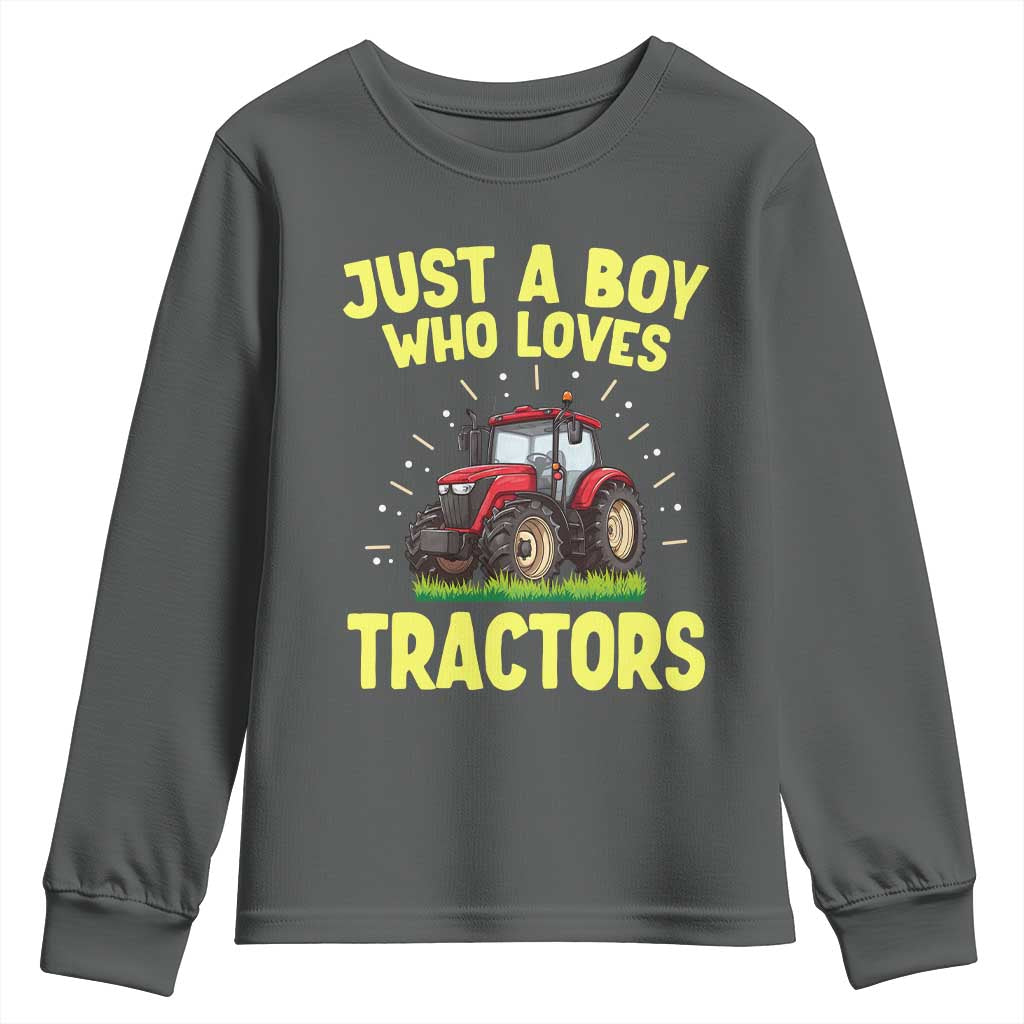 Funny Farming Tractor Youth Sweatshirt Just A Boy Who Loves Tractors TS14 Dark Heather Print Your Wear