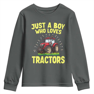 Funny Farming Tractor Youth Sweatshirt Just A Boy Who Loves Tractors TS14 Dark Heather Print Your Wear