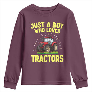 Funny Farming Tractor Youth Sweatshirt Just A Boy Who Loves Tractors TS14 Maroon Print Your Wear