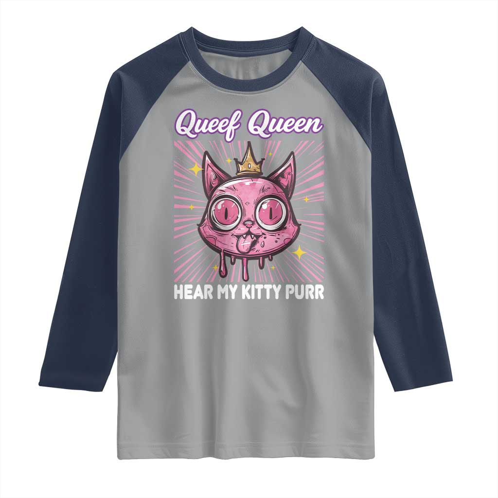 Queef Queen Cat Meme Raglan Shirt Funny Inappropriate Adult Humor TS14 Sport Gray Navy Print Your Wear
