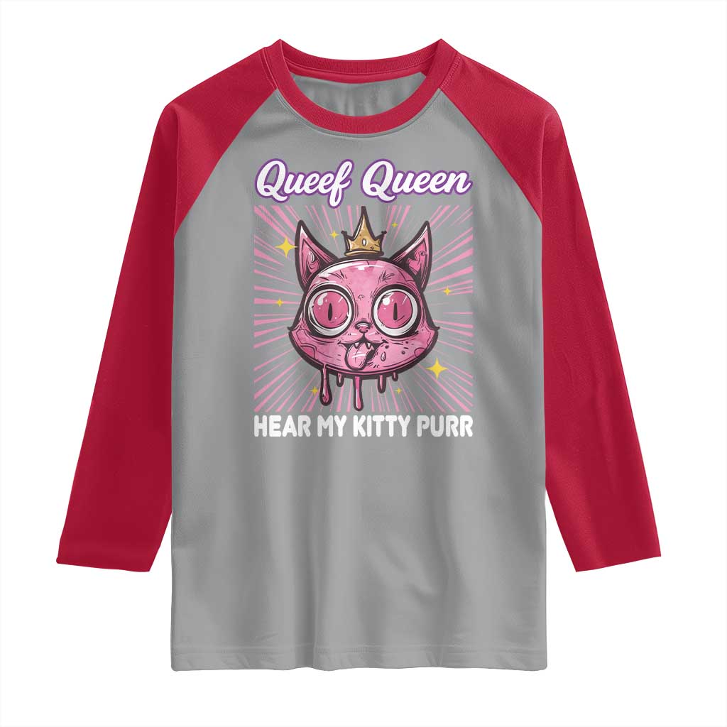 Queef Queen Cat Meme Raglan Shirt Funny Inappropriate Adult Humor TS14 Sport Gray Red Print Your Wear