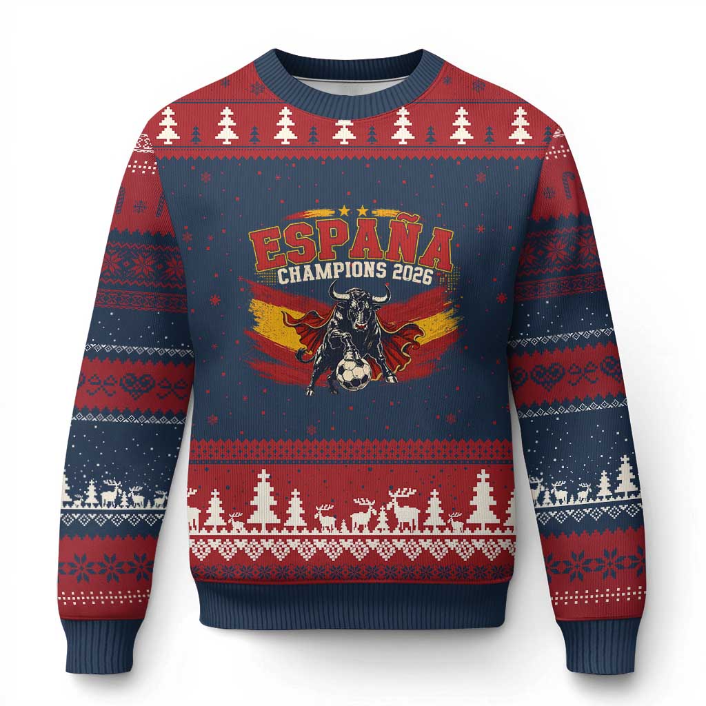 Spain Champions 2026 Ugly Christmas Sweater Espana Soccer Fan Spanish Flag Bull