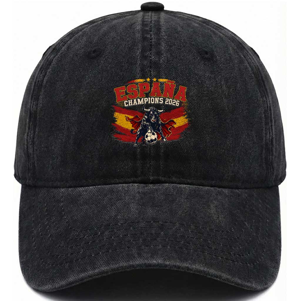 Spain Champions 2026 Washed Cotton Baseball Cap Espana Soccer Fan Spanish Flag Bull TS14 Print Your Wear