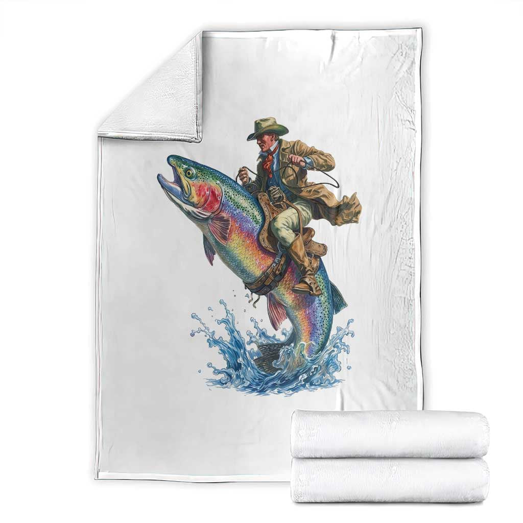 Vintage Cowboy Riding Rainbow Trout Throw Blanket Funny Fishing Western Rodeo TS14 White Print Your Wear