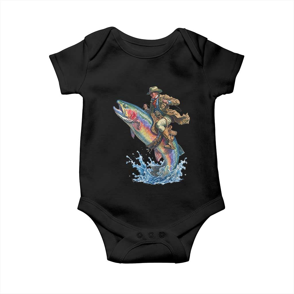 Vintage Cowboy Riding Rainbow Trout Baby Onesie Funny Fishing Western Rodeo TS14 Black Print Your Wear