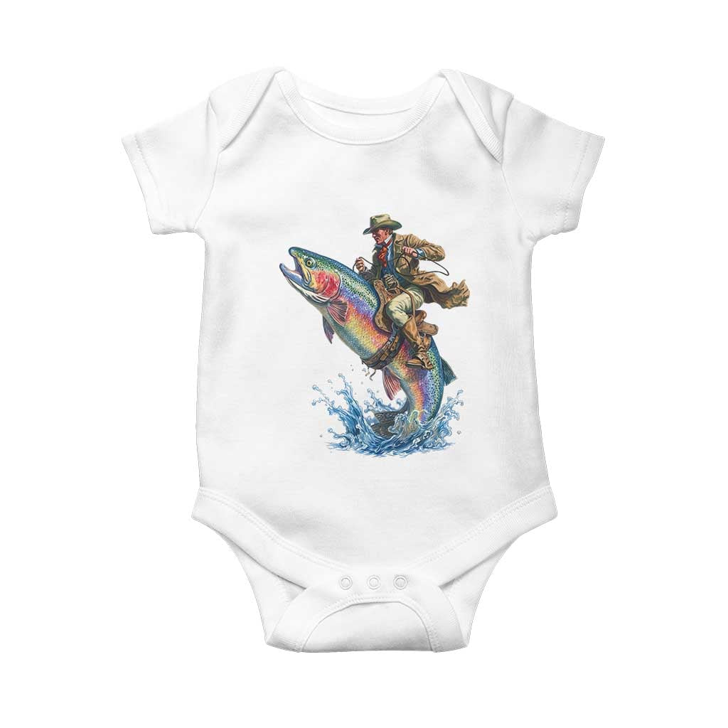 Vintage Cowboy Riding Rainbow Trout Baby Onesie Funny Fishing Western Rodeo TS14 White Print Your Wear