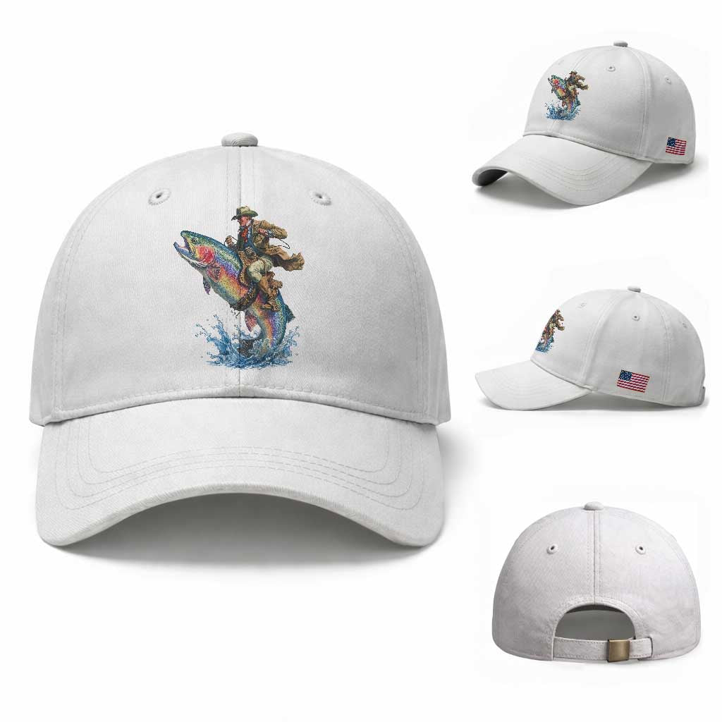 Vintage Cowboy Riding Rainbow Trout Baseball Cap Funny Fishing Western Rodeo TS14 Baseball Cap Universal Fit White Print Your Wear