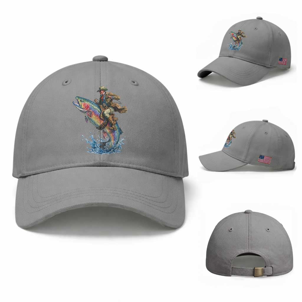 Vintage Cowboy Riding Rainbow Trout Baseball Cap Funny Fishing Western Rodeo TS14 Baseball Cap Universal Fit Sport Gray Print Your Wear