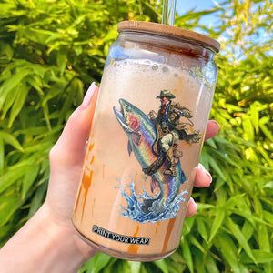 Vintage Cowboy Riding Rainbow Trout Glass Can Funny Fishing Western Rodeo TS14 White Print Your Wear
