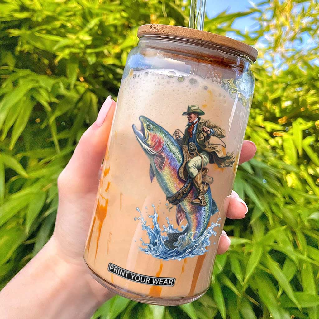 Vintage Cowboy Riding Rainbow Trout Glass Can Funny Fishing Western Rodeo TS14 White Print Your Wear