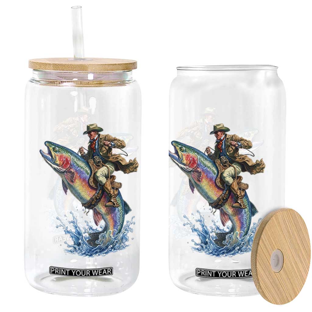 Vintage Cowboy Riding Rainbow Trout Glass Can Funny Fishing Western Rodeo TS14 Print Your Wear