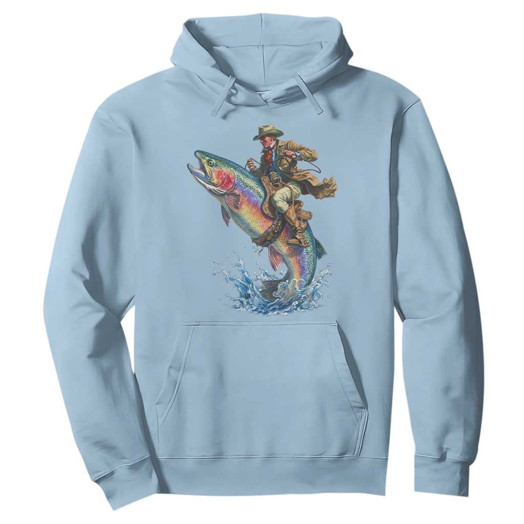 Vintage Cowboy Riding Rainbow Trout Hoodie Funny Fishing Western Rodeo TS14 Light Blue Print Your Wear