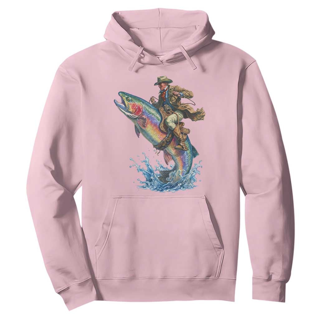Vintage Cowboy Riding Rainbow Trout Hoodie Funny Fishing Western Rodeo TS14 Light Pink Print Your Wear