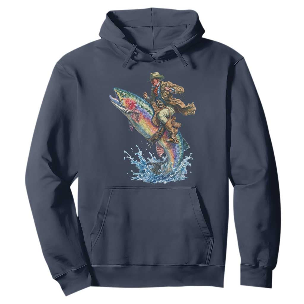 Vintage Cowboy Riding Rainbow Trout Hoodie Funny Fishing Western Rodeo TS14 Navy Print Your Wear